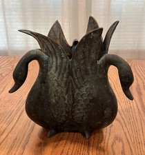 MCM Solid Brass Three Headed Swan Planter ~Rare Vintage 3.5 Lbs. PATINA 8” Tall picture