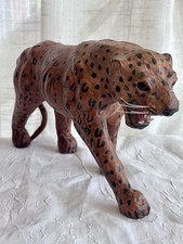 Vintage MCM Leather Wrapped 12” L Leopard Spotted Cat Sculpture Figure picture