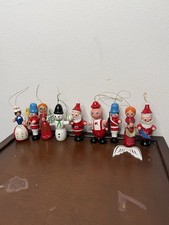 Vintage Miniature Small Wooden Christmas Ornaments Santa Angel Snowman Lot of 9 picture