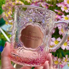 Starbucks 12oz New Sakura Pink Gradient Glass Coffee Mug With Copper Medallion picture