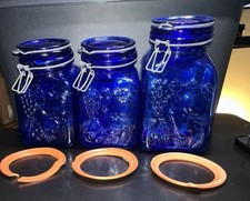 Lot Of 3 Cobalt Blue Glass Lidded Canister Produits de Campagne Italy Read picture
