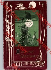 c1910 Halloween Greetings Witch Full Moon TRG Rose Co Embossed Postcard picture