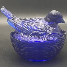 Hsinchu Cobalt Blue Glass Bird/Dove/Hen On Nest Candy Box/Dish c1940s Taiwan 5