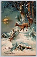 Christmas Postcard Deer Moon Winter Scene Stars 1915 Embossed PFB 7846 picture