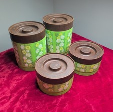Vintage Lenoxx Ware Green Daisy Floral Canister Set 4 Pc Faux Wood Lids Retro... picture