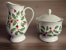 LENOX HOLIDAY Sugar & Creamer Set~Holly Leaves & Berry ~American by Design~NEW picture