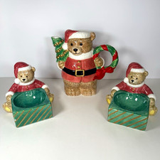 Vintage 1995 Lotus Christmas Santa Bear Teapot & 2 Matching Gift Bowl Holder Set picture