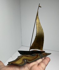Vintage Brutalist Metal Sailboat Minimalist Art MCM Boat Sails Flag on Water picture