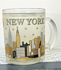 Vintage Retro New York City Skyline Gold & Black Frosted Glass Mug Pre 2000's picture