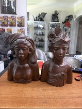 Vintage Bali Teak Wood Busts Pair Hand Carved Balinese Sculpture Man Woman Decor picture