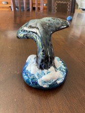 Vintage Studio Art Whale Tail Sculpture Blue Drip Glaze Ocean Coastal beachy picture