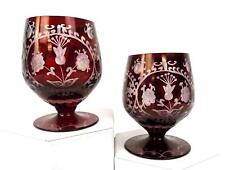 BOHEMIAN CZECH RUBY RED ETCHED FLOWER AND LATTICE 2 PC 3