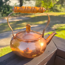 Vintage 1984 FTDA Copper Tea Kettle Stovetop Pot Wood Handle picture