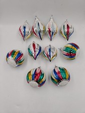 Vintage 10pc Set Glass Rainbow Stripe Ornament Mica Glitter 6 Tear 4 Round  picture