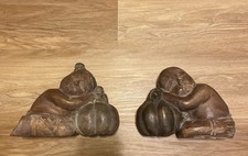 Vintage Carved Wood Sleeping Monk Figurines Pair Asian Folk Art Bookends picture