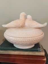 Vtg Westmoreland Kissing Doves Almond Milk Glass Covered Dish picture