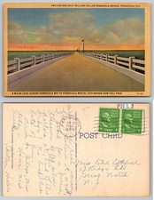 Pensacola Bridge Florida 1952 Art-Colortone Postcard Vintage FL Sunset View picture