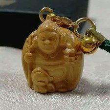 Bishamonten Wooden Netsuke Keychain Lucky Charm Carving 11cm Unused picture