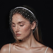 1920s White Veil Headband with Rhinestone, Birdcage Veil Flapper, Mesh Vintage L picture