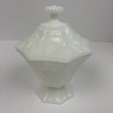 Vintage Anchor Hocking Milk Glass Dish With Lid Grape Leaves Embossed Candy Nut picture