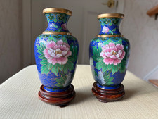 Pr Vtg Chinese cloisonne enameled vases 5” Blue Gold Green Pink Yellow Peonies picture