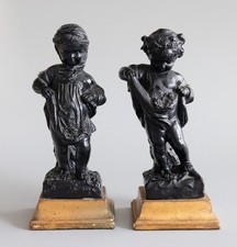 Set of Two Italian Borghese Black & Gold Plaster Cherubs Putti Figurines c. 1930 picture