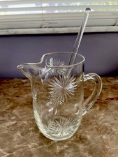 Vintage MCM Starburst Etched Glass Martini Pitcher & Stirrer 16oz picture