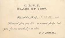 C.L.S.C. Class of 1887,  Membership Fee, Plainfield, New Jersey NJ 1884 picture