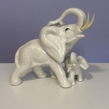 Vintage White Porcelain Elephant & Baby Figurine Sculpture picture