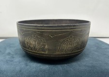 Vintage Etched Himalayan Singing Bowl 7.5” – Loud Ring, Lotus & Serpent Figures picture