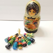 Handmade Russian Hand-Painted Matryoshka Nesting Doll w/ Wood Ornaments picture