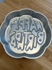 1975 Wilton Happy Birthday  Cake Pan Round Shape Aluminum Silver Bakeware New picture