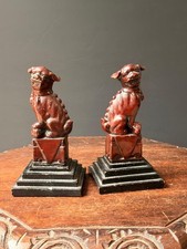 Vintage Oxblood Red Foo Dog Statues Pair Cinnabar Resin Guardian Lions 7.5