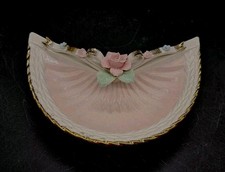 2pc 1950s Enesco Pink Sculpted Porcelain Crimp Fan w/ Rose & Bow Pin Dishes picture
