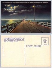 Moonlight over Gandy Bridge Tampa Bay Florida Linen Postcard St. Petersburg picture