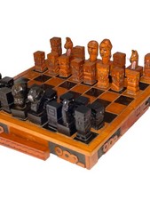 RARE VTG Hand Carved Wood Chess Set Aztec 10” Folding Board Case John Clifford picture