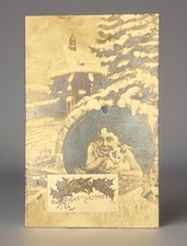 Antique 1908 Christmas Postcard Child & Cat Snowy Church Karbo RPPC Real Photo picture
