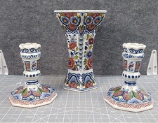 1961 Oud Delft Holland Polychrome Garniture Set  Vase And Candle Stick Holders picture