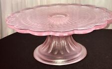Pink Glass Pedestal Cake Stand 8.75”Laurel Leaf Pattern Ruffled Frosted Rim/Base picture