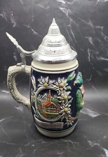 Old German Ceramic Beer Stein Handgemalt 1 #3696 w/Pewter Lid inside mark DBGM picture