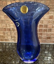 VTG Hand Blown Cobalt Blue Crystal Vase Clear Controlled Bubble Base 7 1/2”Label picture