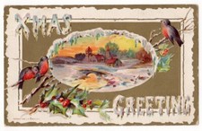 Xmas Greeting c1909 birds, holly, rural scene, vintage embossed Christmas pc picture