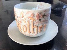Antique Mustache Cup BROTHER Embossed Raised Letters Hand Paint Porcelain Set picture