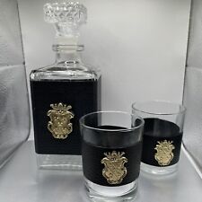 MCM Vintage Liquor Decanter And Glasses Black Leather Gold Diamond Pattern 9