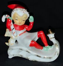 RARE VINTAGE UCAGCO CERAMIC FIGURE - PIXIE ELF ON SLED W/KITTY CAT & CANDY CANE picture