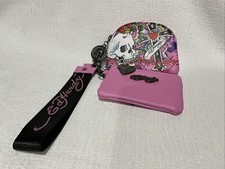 New Y2K fashion Ed Hardy 2-Piece Pink Wristlet & Coin Pouch Set Skull Tattoo Art picture