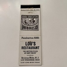Lou's Restaurant Lou Weissman Browns Mills NJ Vintage Matchbook Cover TMB45-3 picture