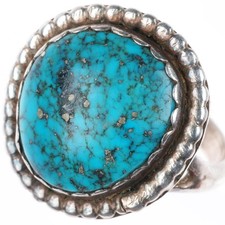 sz8.75 vintage Navajo sterling silver spiderweb turquoise beaded edge ring picture
