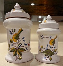 Vintage Italian Hand Painted Ceramic Bird Floral Lidded Canister Jars Pair picture