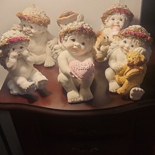 Lot of 6 Angel Cherub Resin Figurines White/Pink w Wreath Hats, Heart, Teddy picture